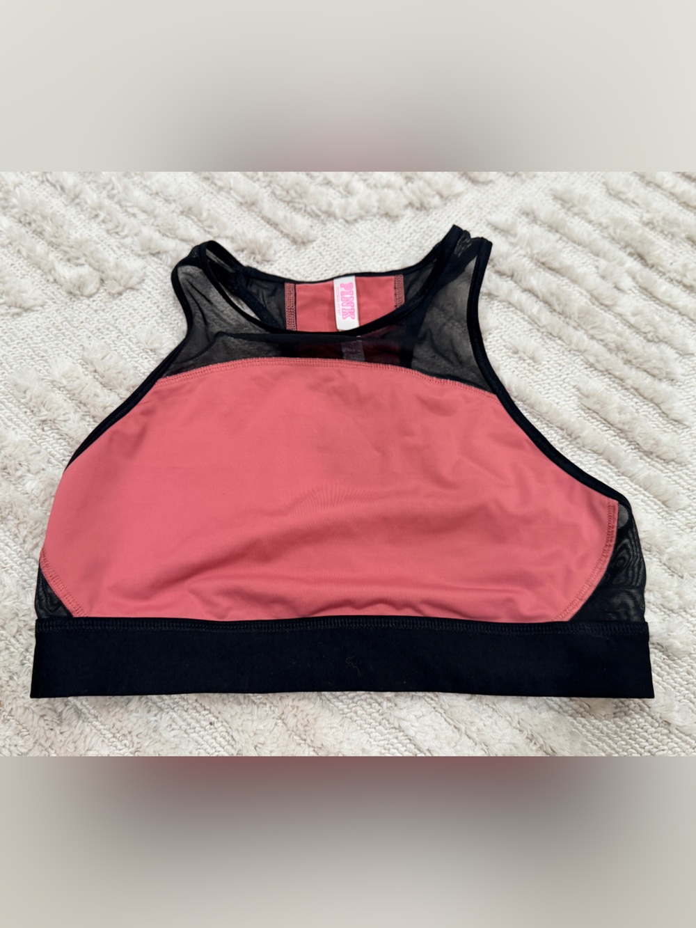 PINK Victoria's Secret Coral Pink and Black Mesh High-Neck Sports Bralette